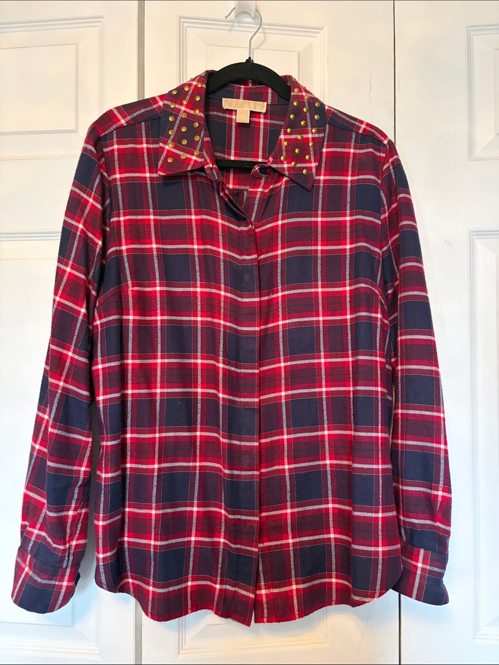 MICHAEL Michael Kors Red & Navy Plaid flannel Button-Down with Studded Collar